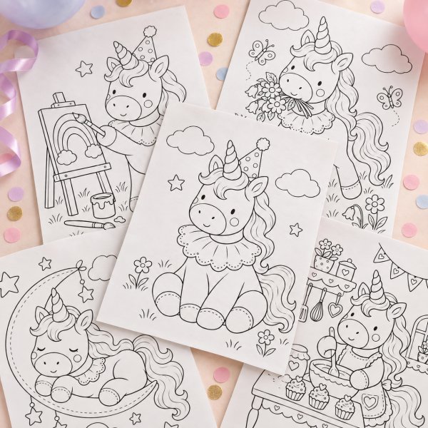 M�larblad med f�rgpennor - Kalasiga Unicorn/Enh�rning - 8 motiv - A4