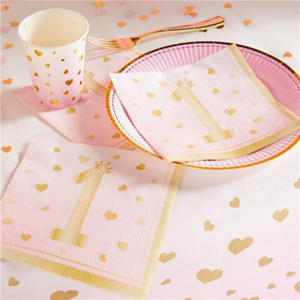 Servetter - 1st Birthday - Rosa/Guld - 20-pack