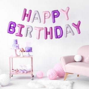 Bokstavsballonger - Happy Birthday - Rosa/Lila/Vit