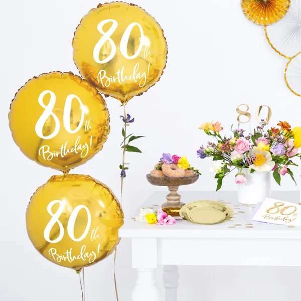 Rund folieballong - Guld - 80th Birthday