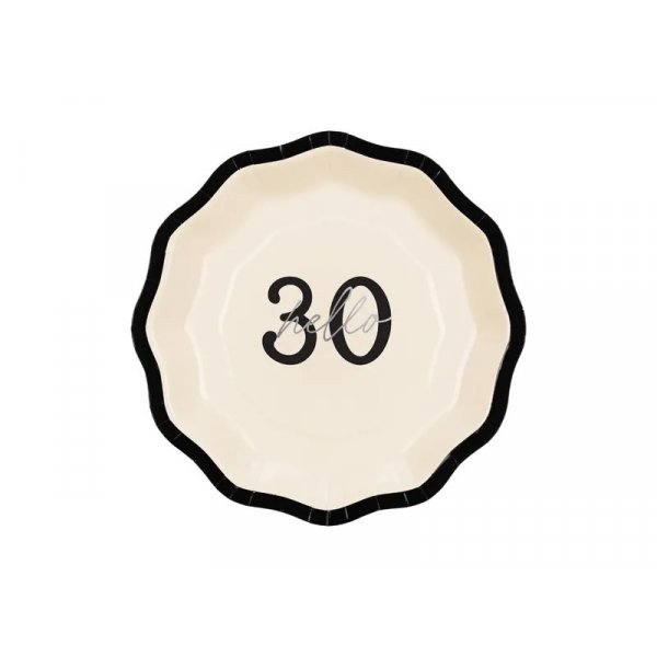 Papptallrikar - \\\"Hello 30\\\" - Svart/Vit - 18 cm - 6-pack