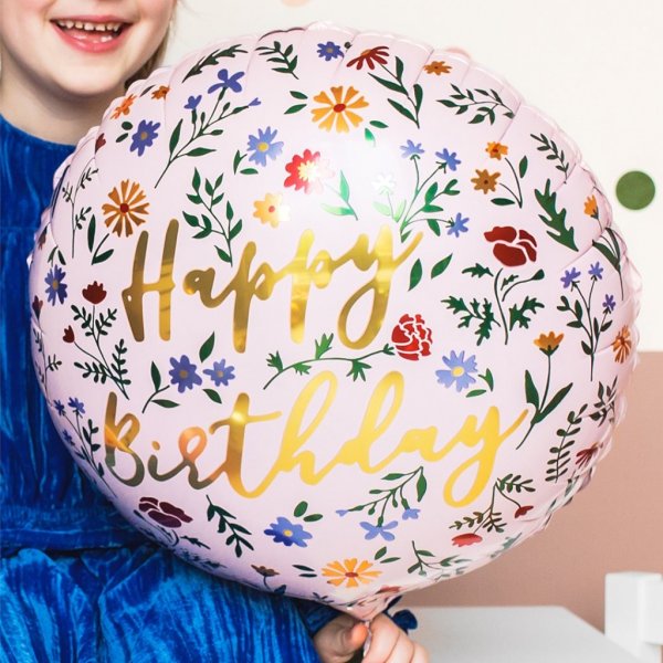 Folieballong - Happy Birthday - Rosa med blommor - 35 cm