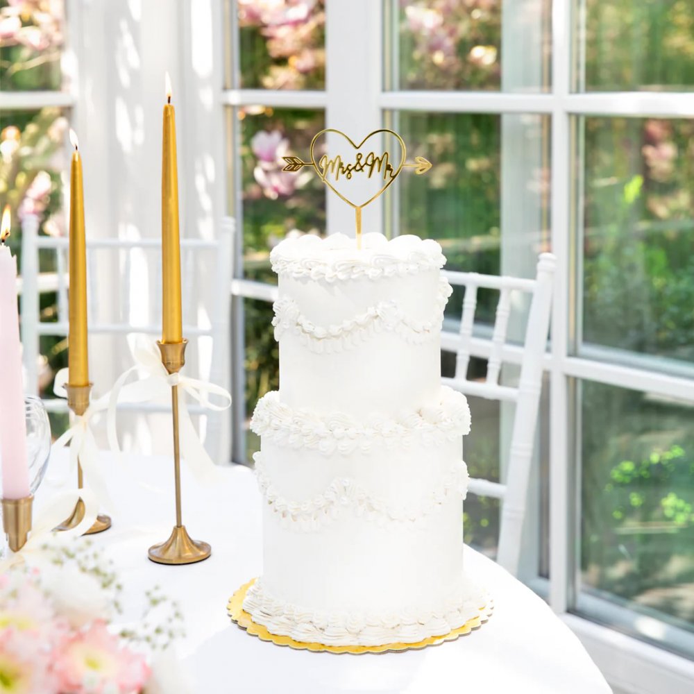 Cake Topper – Mr & Mrs – Hjärta – Guld – Ord & Symboler, Cake Toppers till bröllop