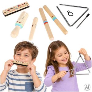 Musikinstrumentset i tr� f�r barn med triangel, rytmpinnar, munspel och guiro