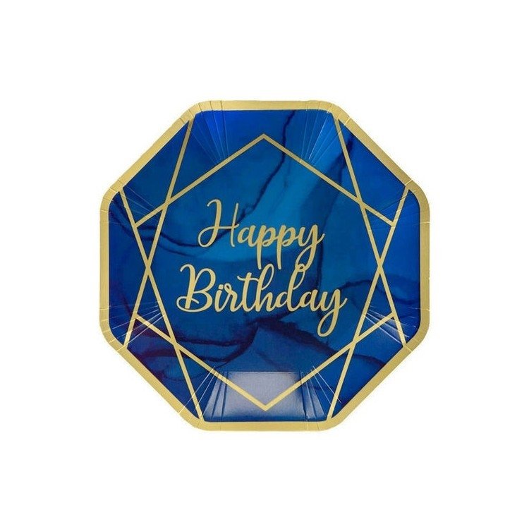 Papperstallrikar Marinblå & Guld Happy Birthday – Fyndhörnan