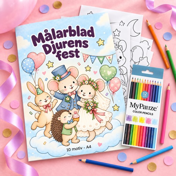 M�larblad med f�rgpennor - Djurens fest - 10 motiv - A4