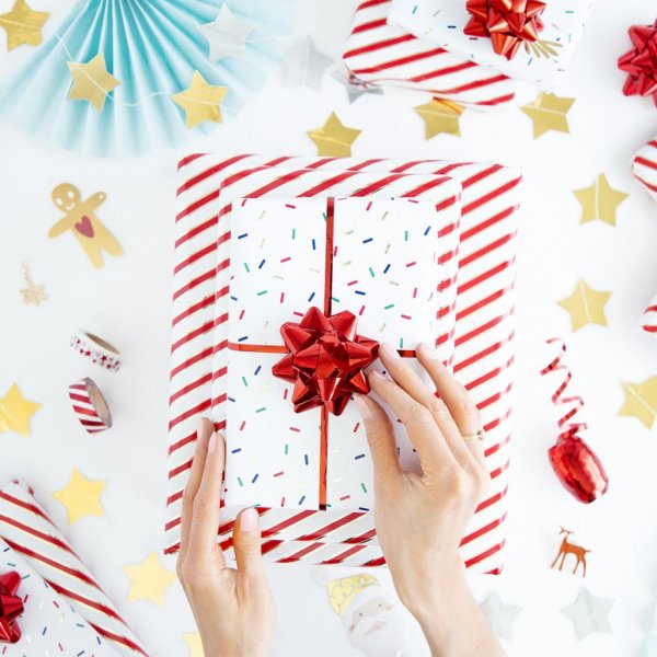 Presentpapper - Stripes - Rd/Vit/Guld