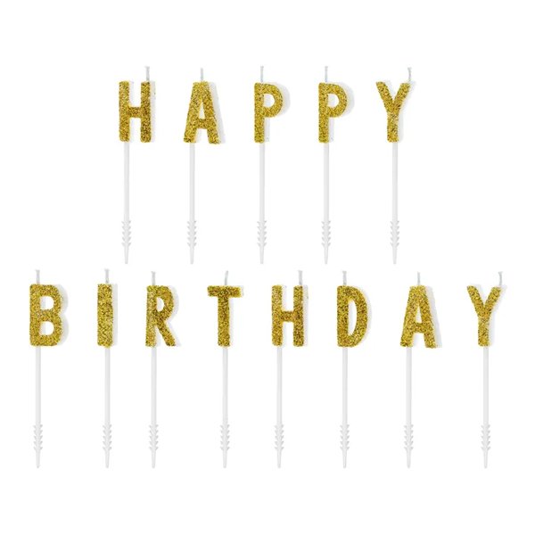 Trtljus - Happy Birthday - Guldglitter