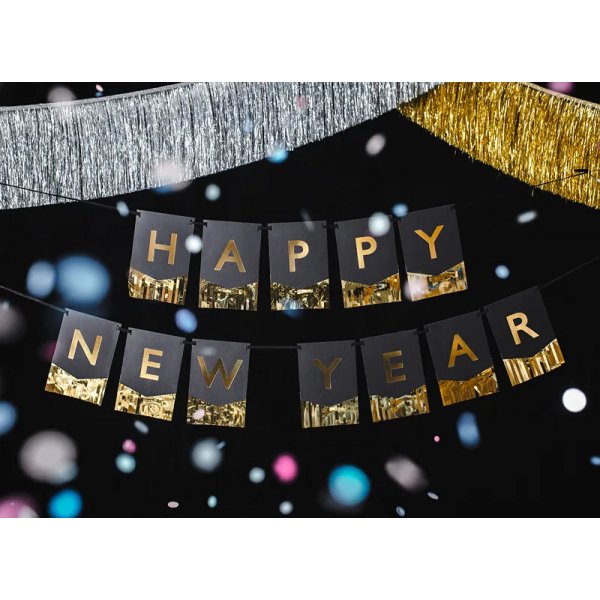 Vimpel med fransar - Happy New Year - Svart/Guld Vimpel med fransar - Happy New Year - Svart/Guld