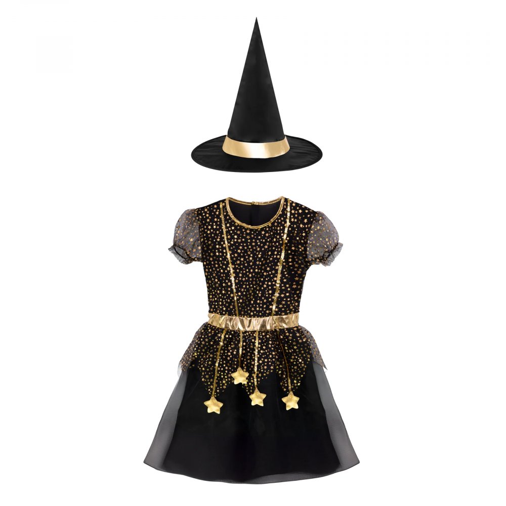 Häxklänning med hatt – Svart/Guld – Storlek: 3-4 år (100-110 cm lång) – Halloweenutklädnad, Halloween