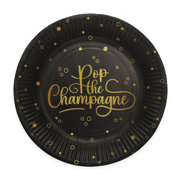 Papptallrikar - Pop the Champagne - Svart - 23 cm - 8-pack