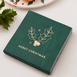 Sm servetter - Merry Christmas - Grn/Guld - 16-pack