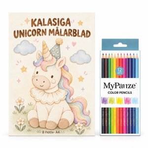 Målarblad med färgpennor - Kalasiga Unicorn/Enhörning - 8 motiv - A4 Målarblad med färgpennor - Kalasiga Unicorn/Enhörning - 8 motiv - A4