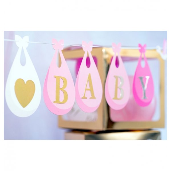 Girlang - Babyshower - Vit/Ljusrosa - Storkar