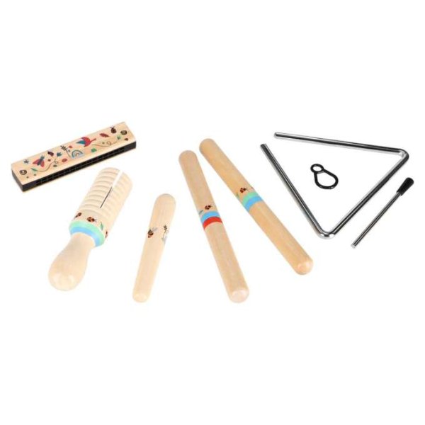 Musikinstrumentset i tr� f�r barn med triangel, rytmpinnar, munspel och guiro