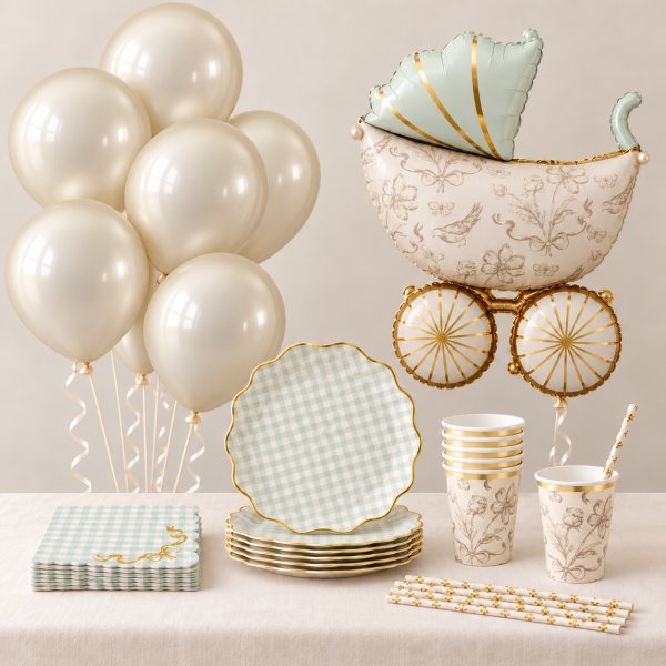 Babyshower-kit - Mint & Guld - 6 personer Babyshower-kit - Mint & Guld - 6 personer