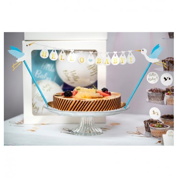 Cake Topper - Stork - Hello Baby - Blå/Vit/Guld Cake Topper - Stork - Hello Baby - Blå/Vit/Guld