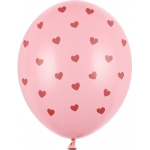 Ballonger - Ljusrosa med röda hjärtan - 6-pack