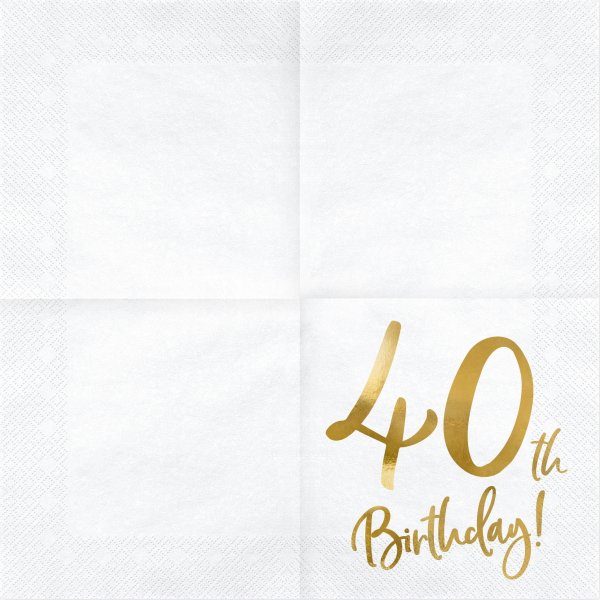 Servetter - 40th Birthday - Vit/Guld - 20-pack