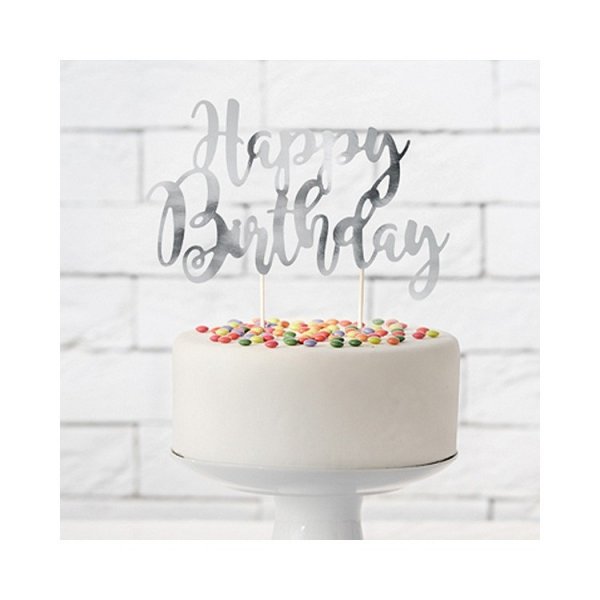 Cake Topper Happy Birthday Silver