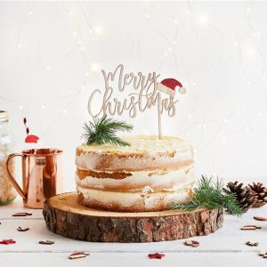 Cake topper - Merry Christmas - Tr�/Tomteluva