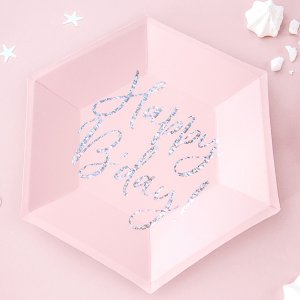 Desserttallrikar - Happy B-day - Rosa/Iridescent - 6-pack