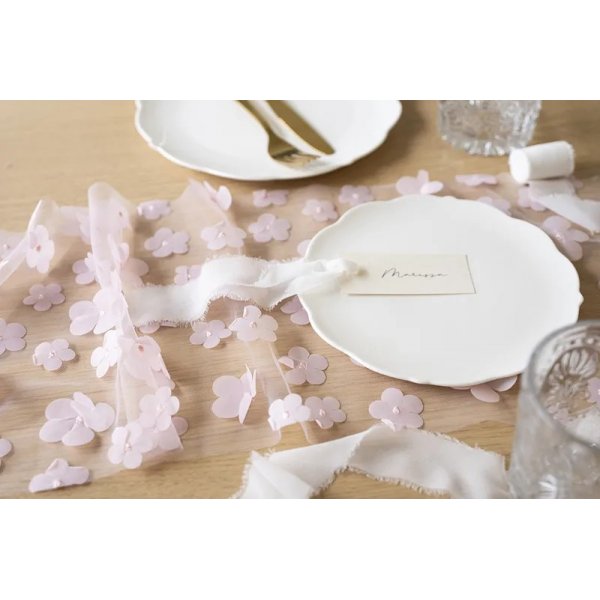 Bordslpare - Tyll med blommor - Rosa- 5m