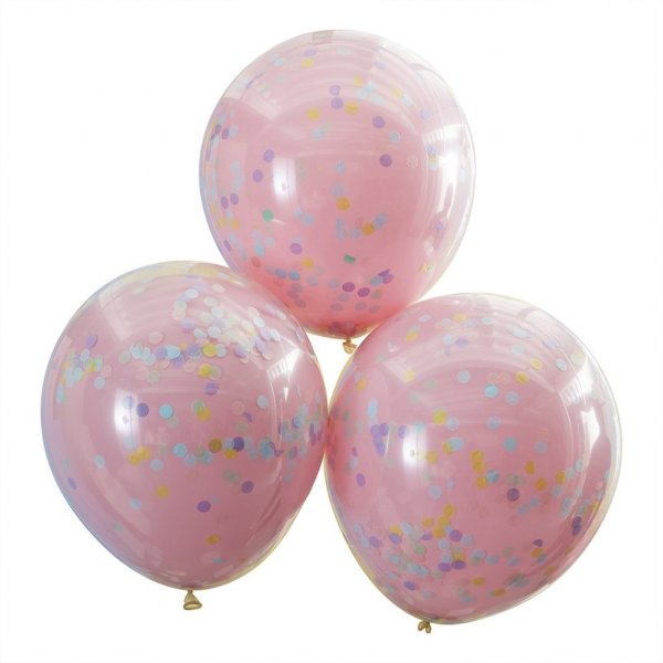 Stora konfettiballonger - Dubbelskiktat - Pink/Pastel - 3-pack