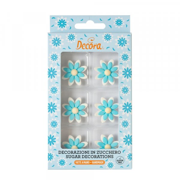 Sockerdekorationer - Blommor - 3,5 cm - Vita/Bl - 6 st