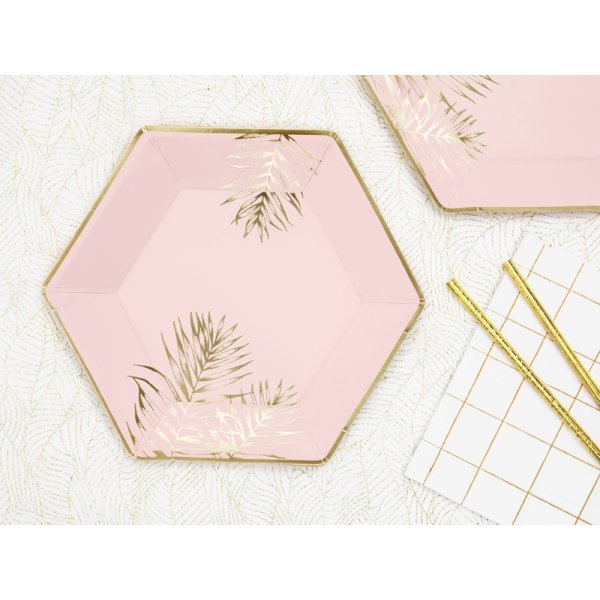 Papptallrikar - Leaves - Rosa/Guld - 6-pack