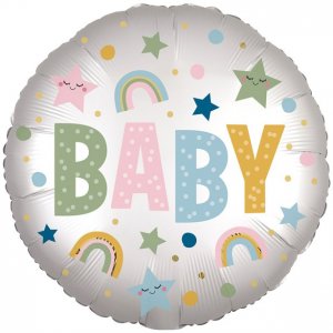Folieballong - Rund - BABY - Pastellstj�rnor & regnb�gar