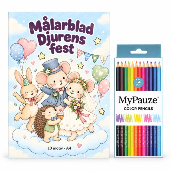 M�larblad med f�rgpennor - Djurens fest - 10 motiv - A4