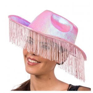 Rosa skimrande cowboyhatt med fransar