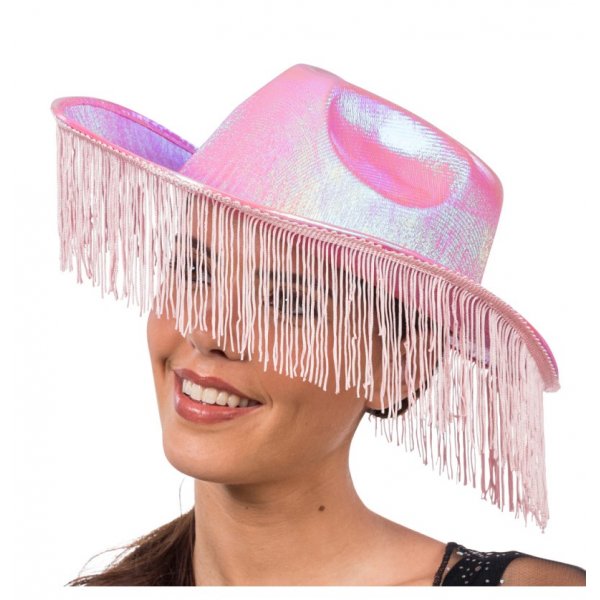 Rosa skimrande cowboyhatt med fransar