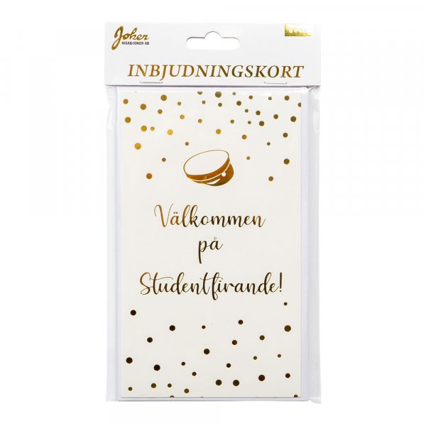 Inbjudningskort - Student - Vit/Guld - 6-pack
