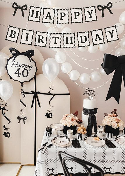 Happy Birthday-banner - Cream-svart - 100 cm