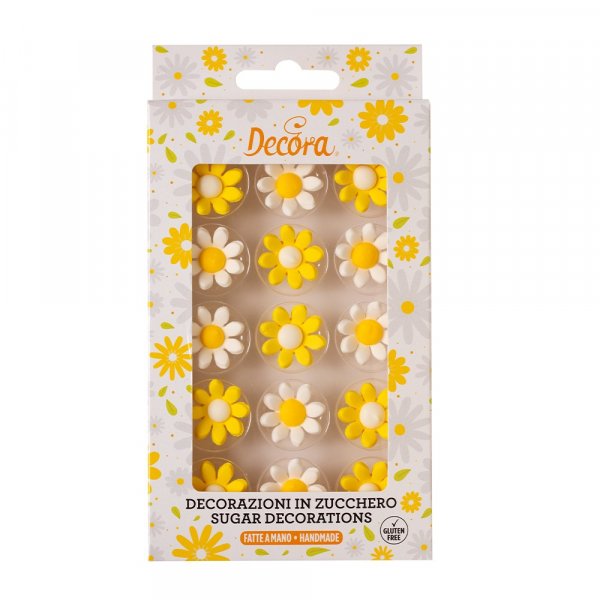 Sockerdekorationer - Blommor - 2,4 cm - Vita/Gula - 15 st