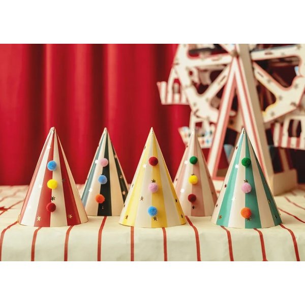 Partyhattar - Randiga med pompoms - 6-pack Partyhattar - Randiga med pompoms - 6-pack