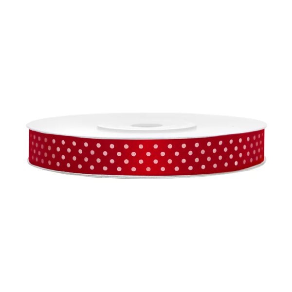 Satinband - Röd med vita prickar - 25 meter Satinband - Röd med vita prickar - 25 meter